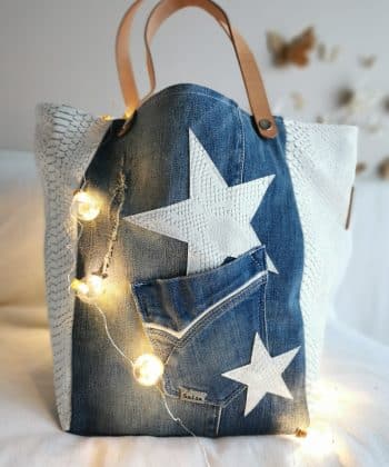 CABAS "TIMEO" bi-matière simili blanc et jean recyclé