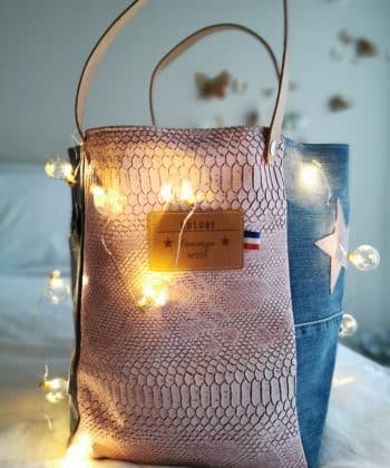 CABAS "TIMEO" bi-matière simili dragon komodo rose et jean recyclé