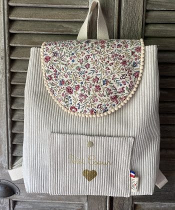 SAC A DOS ENFANTS VELOURS COTELE BEIGE RABAT FLEURI