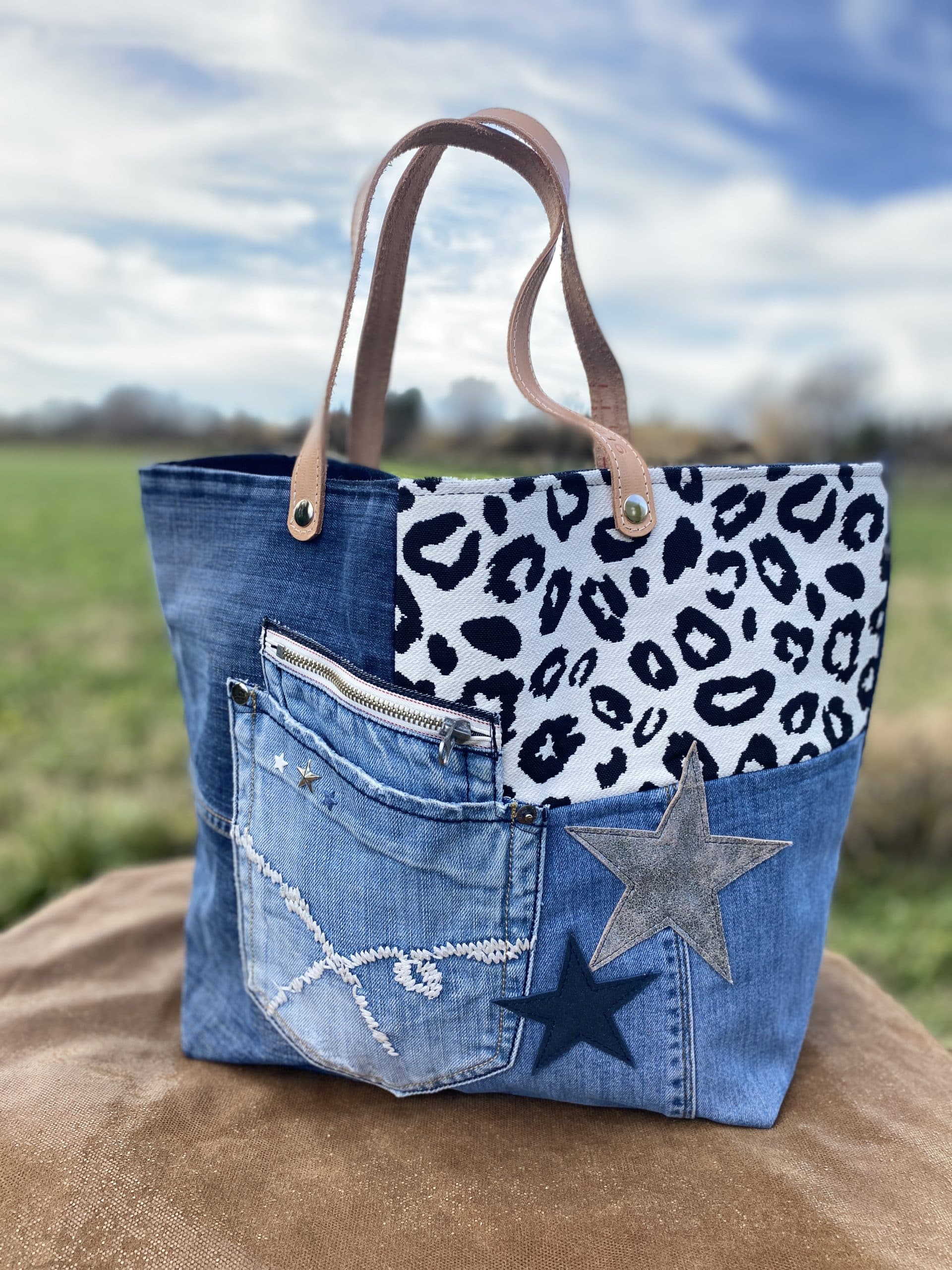 sac romy jeans et leopard cabas, sac, sacs à main, leopard, étoiles, jeans, cuir